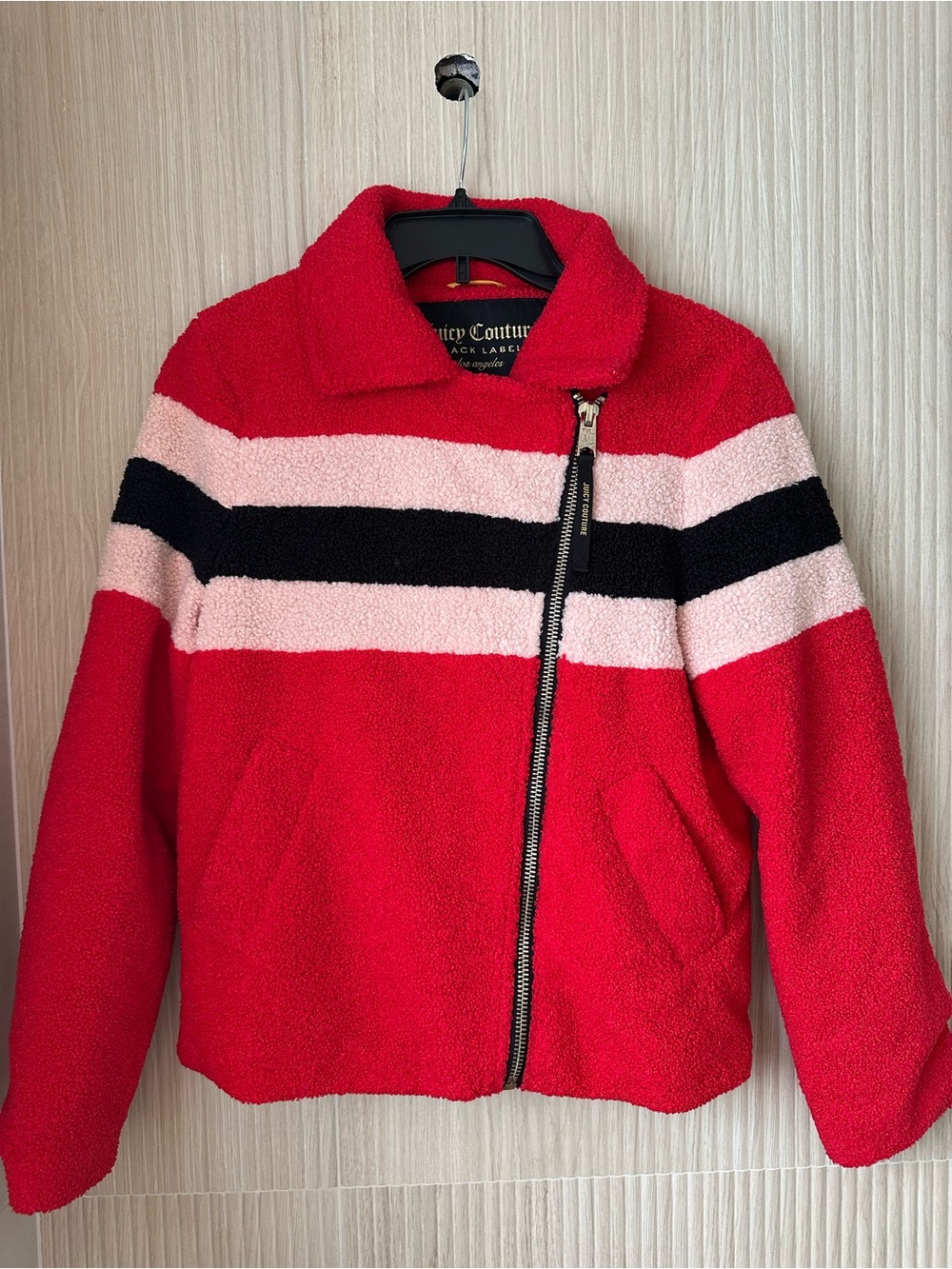 Juicy Couture Black Label Red Blush & Black Teddy Jacket Asymmetrical Zip Small